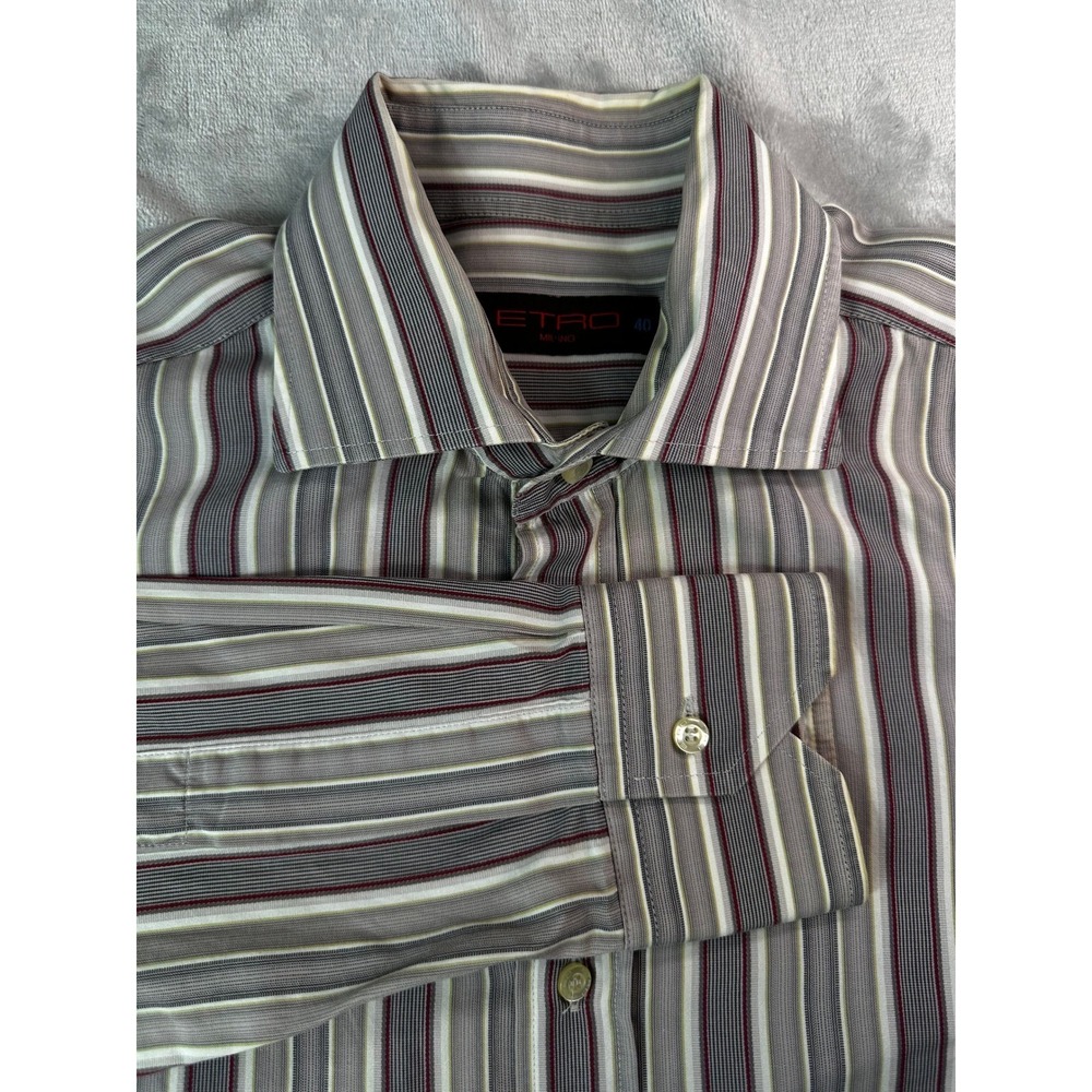 Etro Button Down Shirt Mens 40 Grey Striped Long Sleeve Made in Italy